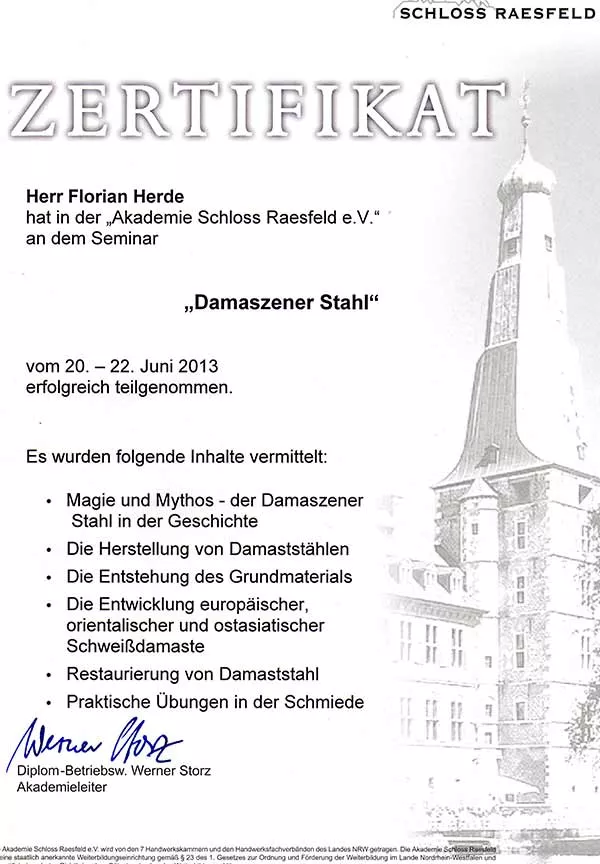 Zertifikat Akademie Schloss Raesfed - Damaszener Stahl